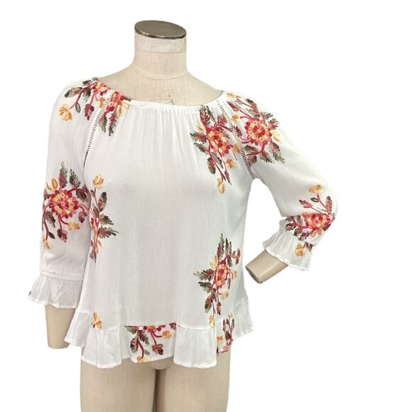 Anthropologie Liv Los Angeles BOHO Peasant Top S Floral Embroidered White 174L - Picture 1 of 11